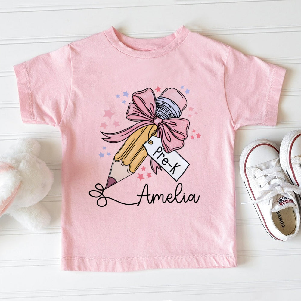 Personalized Name Pre-K Pink Bow Pencil And Small Heart Toddler&Kids Tees