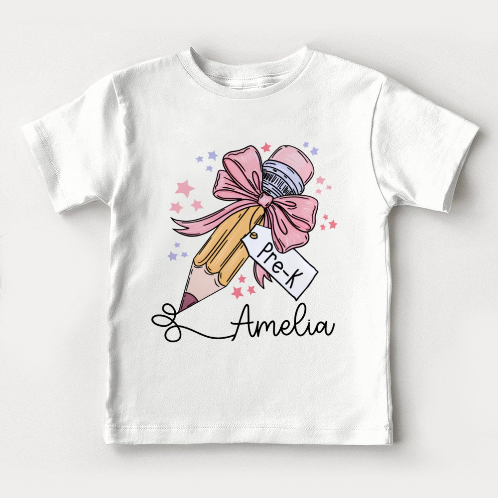 Personalized Name Pre-K Pink Bow Pencil And Small Heart Toddler&Kids Tees