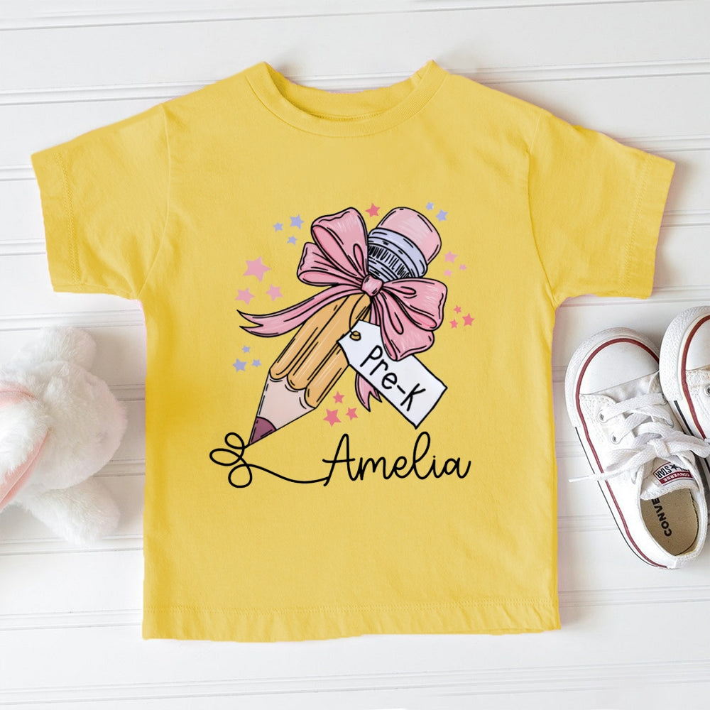 Personalized Name Pre-K Pink Bow Pencil And Small Heart Toddler&Kids Tees