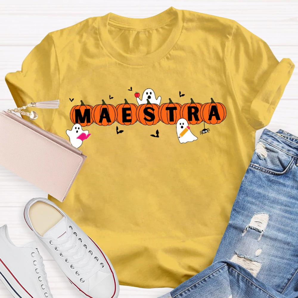 Maestra Teacher Little Bats And Ghosts Funny Halloween T-shirt