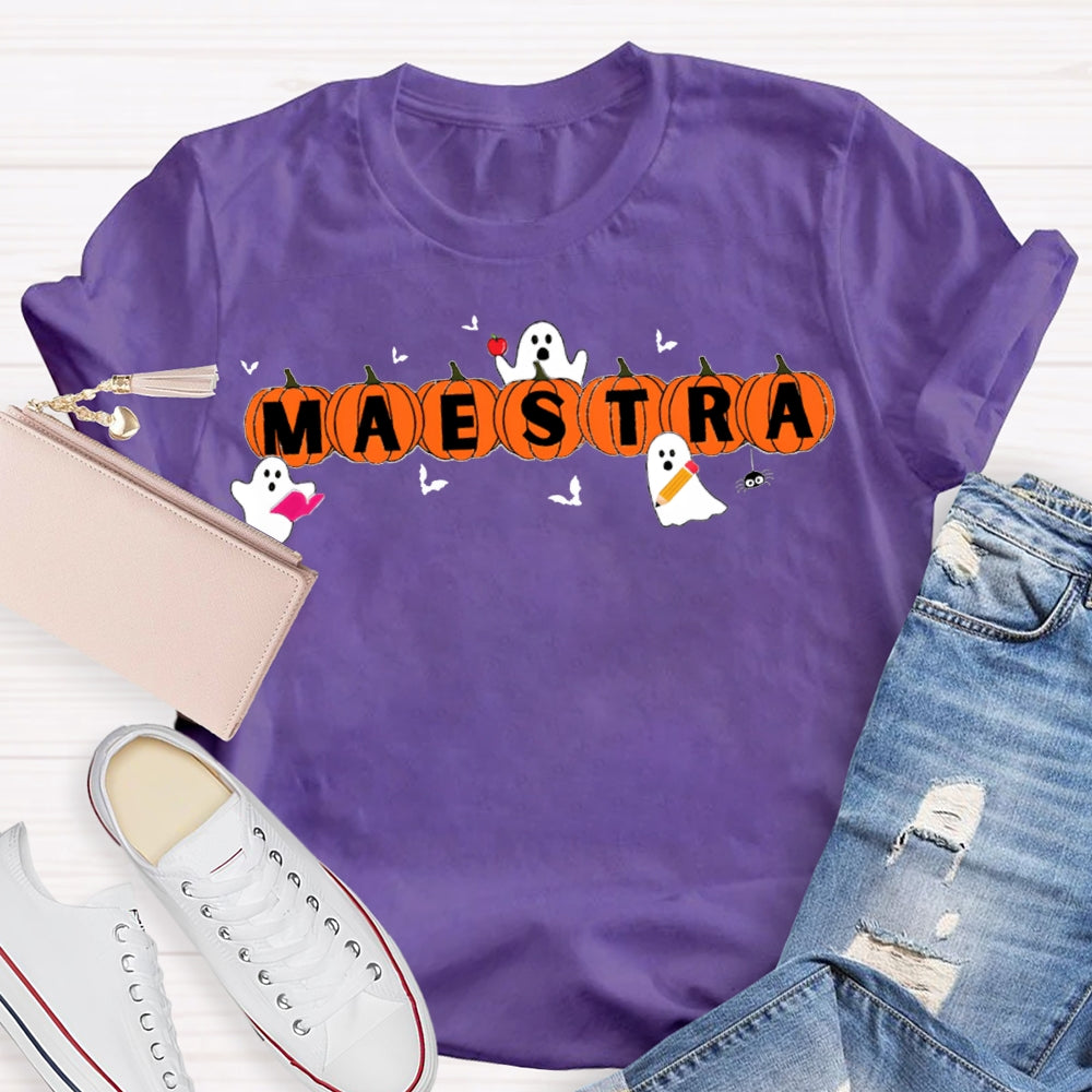 Maestra Teacher Little Bats And Ghosts Funny Halloween T-shirt