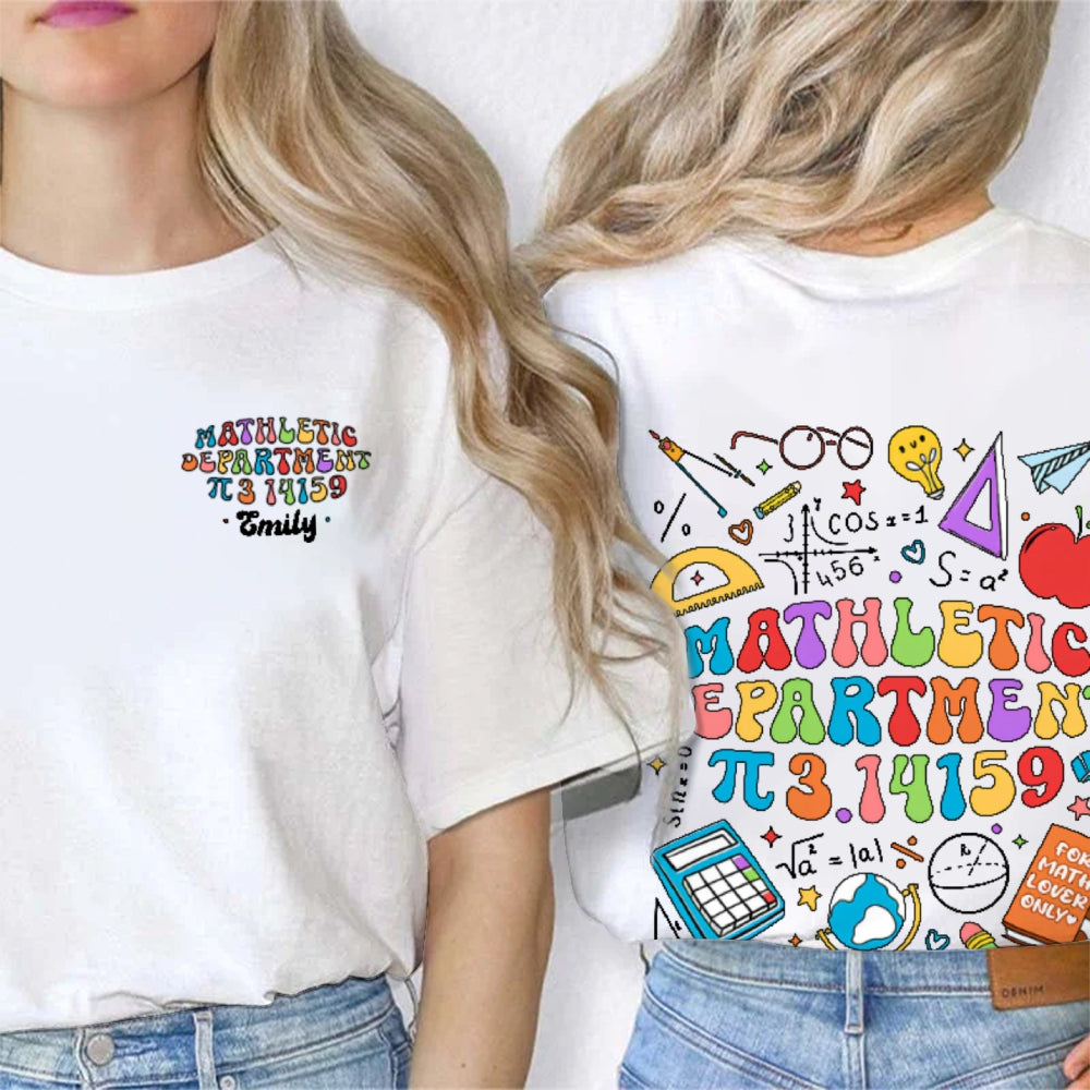 Personalized Name Mathletic Department 3.14159 Pi Day Math Teacher  Double Printed T-shirt