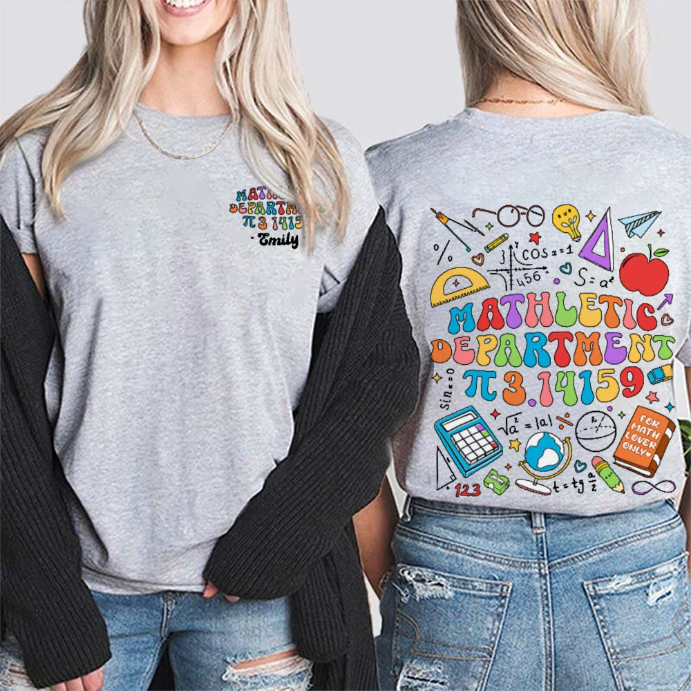 Personalized Name Mathletic Department 3.14159 Pi Day Math Teacher  Double Printed T-shirt