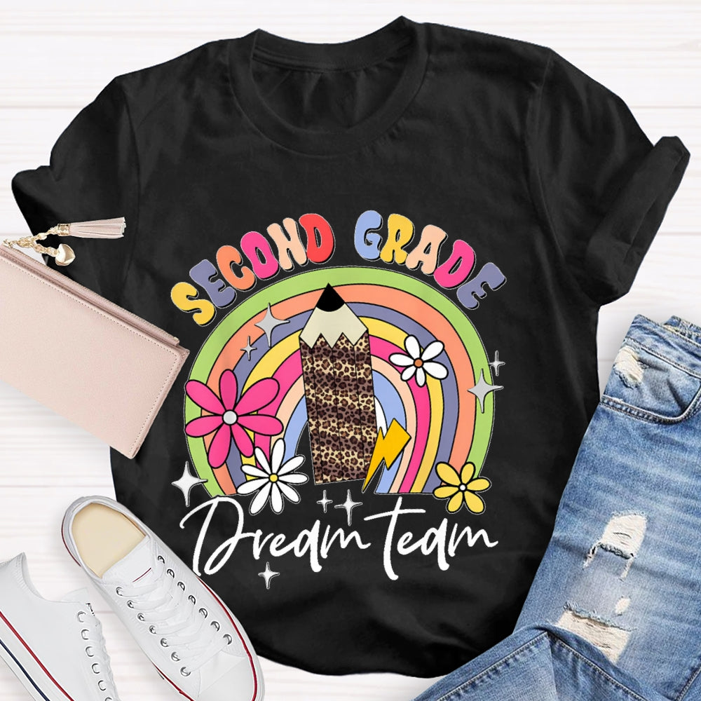 Personalized Grade Second Grade Leopard Print Pencil Rainbow T-shirt