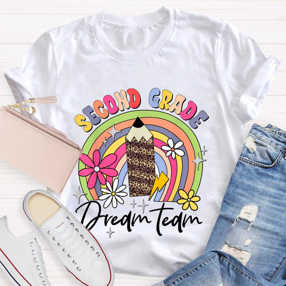 Personalized Grade Second Grade Leopard Print Pencil Rainbow T-shirt
