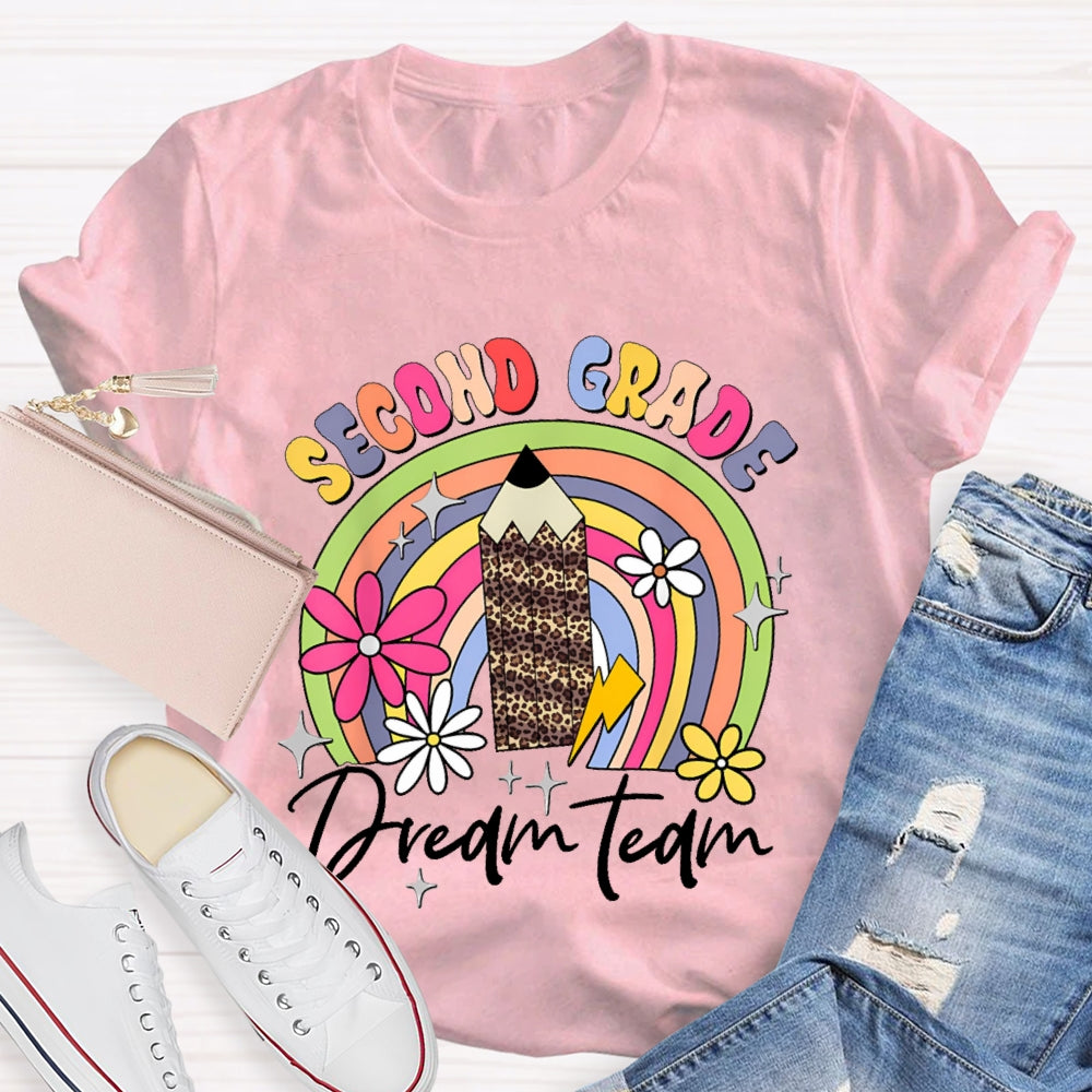 Personalized Grade Second Grade Leopard Print Pencil Rainbow T-shirt