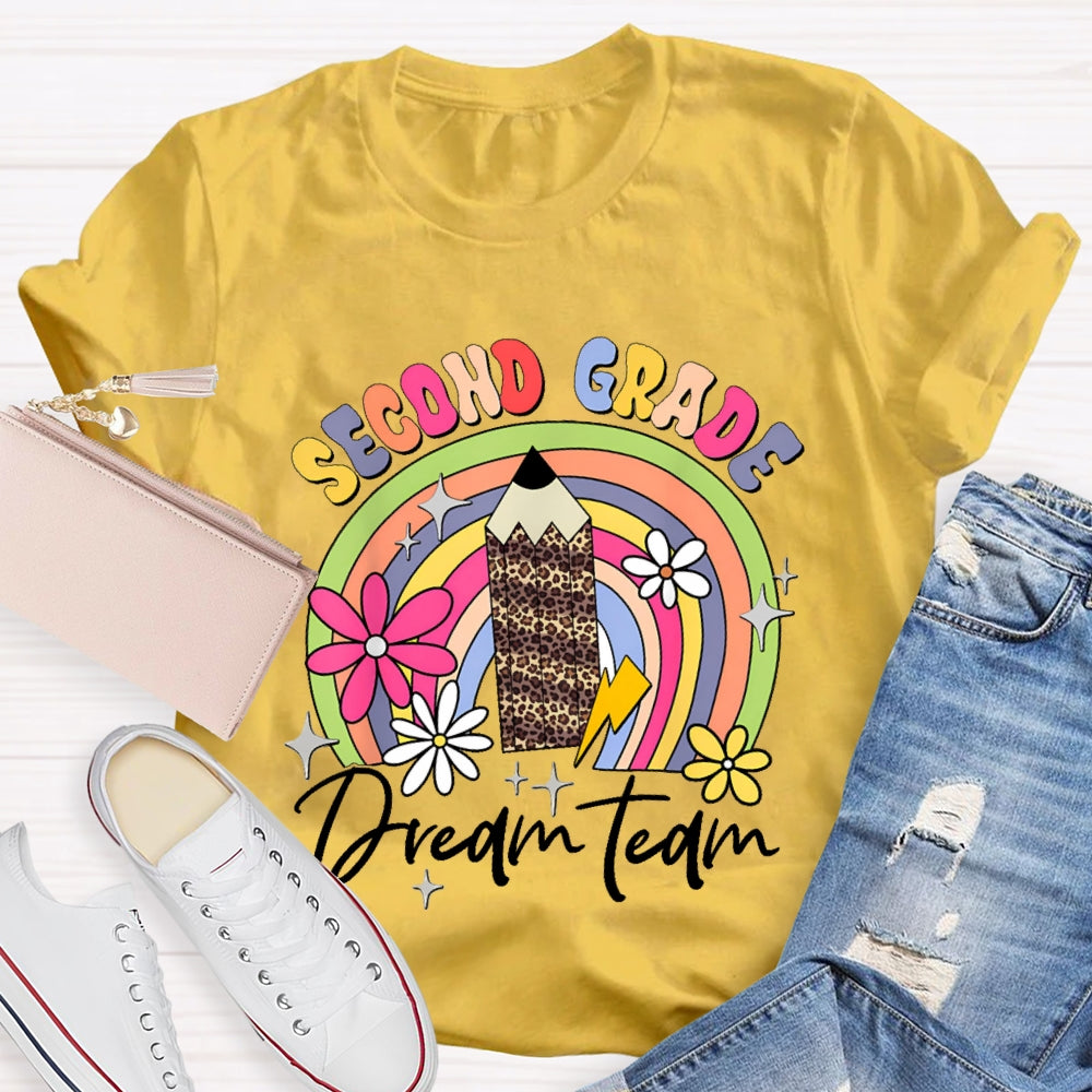 Personalized Grade Second Grade Leopard Print Pencil Rainbow T-shirt