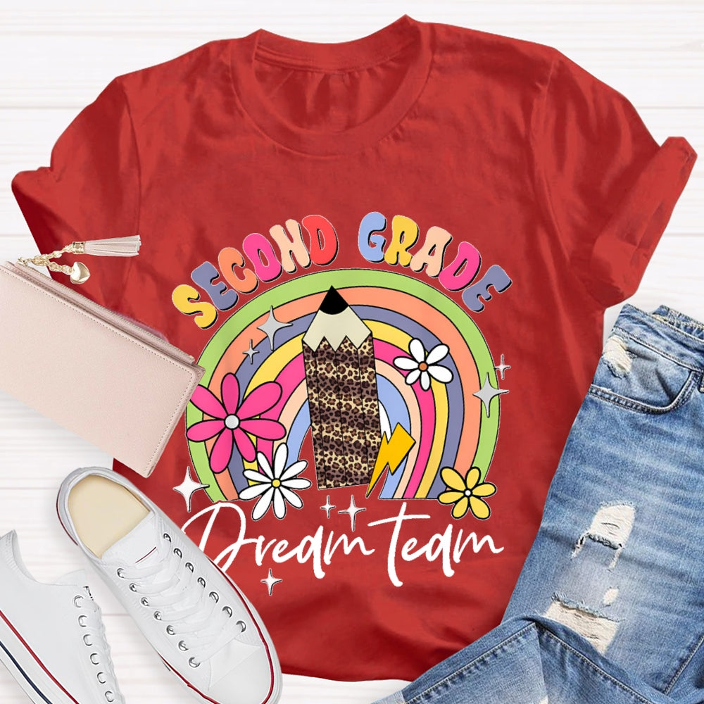 Personalized Grade Second Grade Leopard Print Pencil Rainbow T-shirt