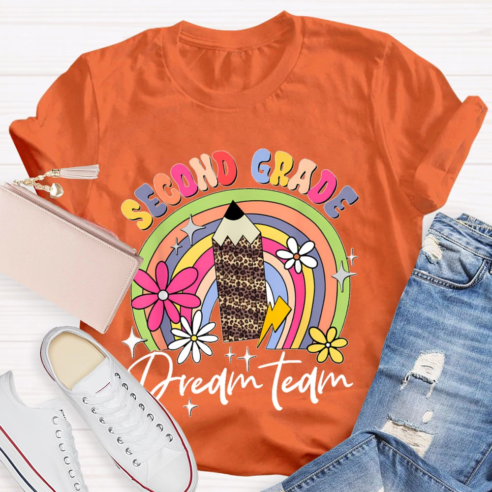 Personalized Grade Second Grade Leopard Print Pencil Rainbow T-shirt
