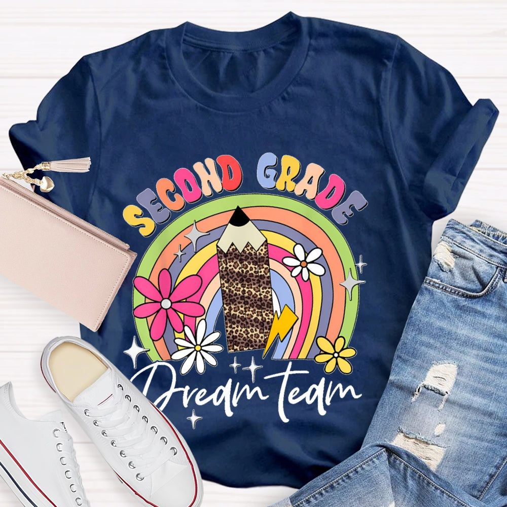 Personalized Grade Second Grade Leopard Print Pencil Rainbow T-shirt