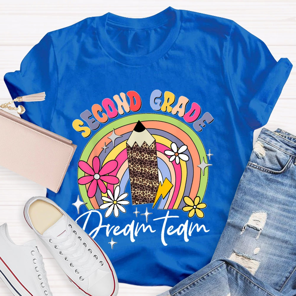 Personalized Grade Second Grade Leopard Print Pencil Rainbow T-shirt