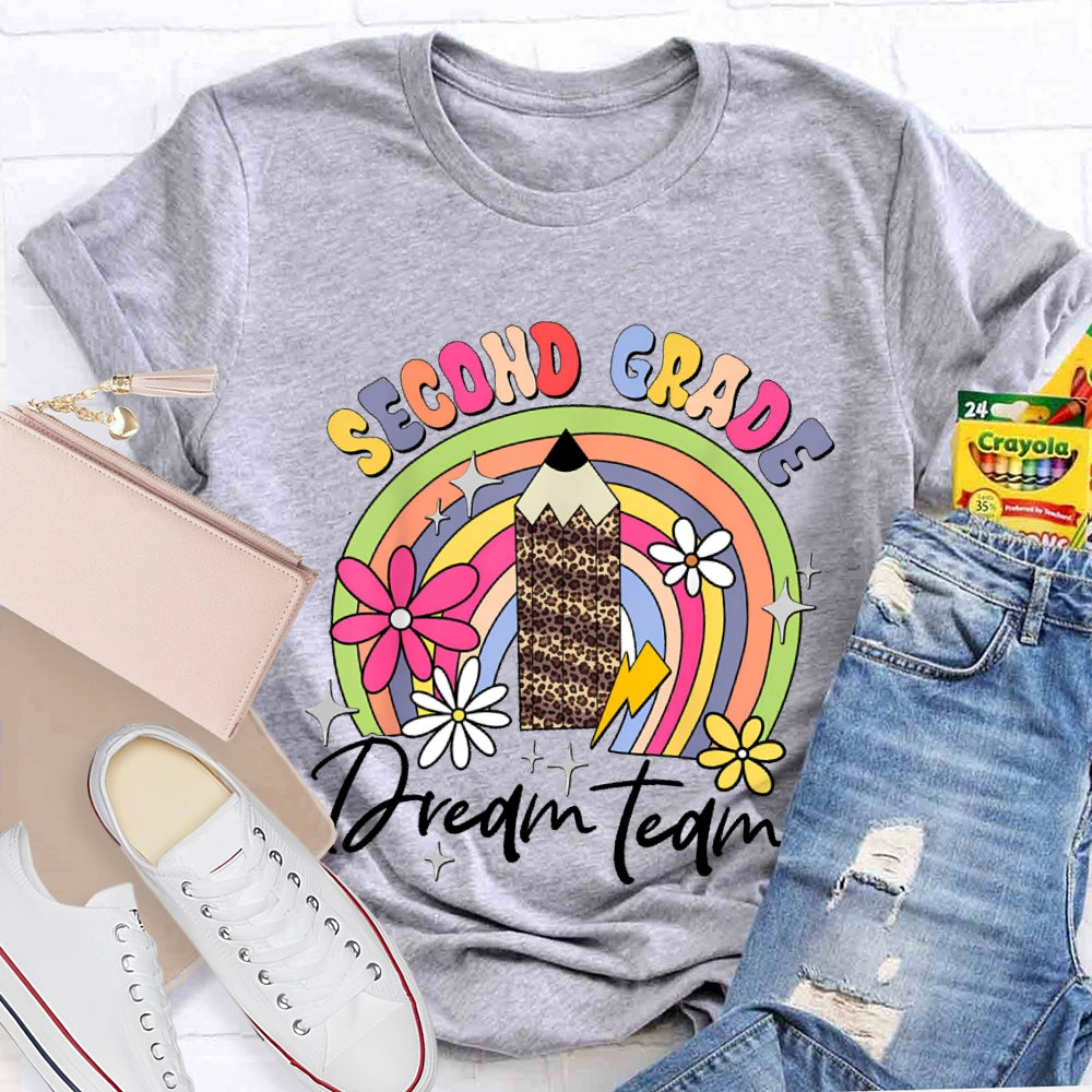Personalized Grade Second Grade Leopard Print Pencil Rainbow T-shirt
