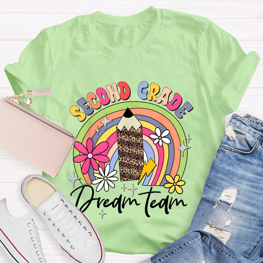 Personalized Grade Second Grade Leopard Print Pencil Rainbow T-shirt