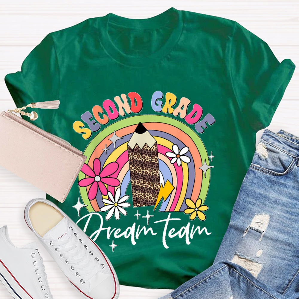 Personalized Grade Second Grade Leopard Print Pencil Rainbow T-shirt