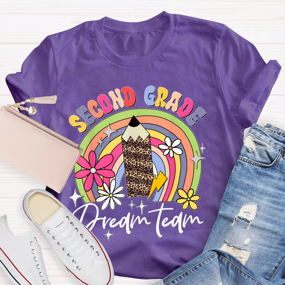 Personalized Grade Second Grade Leopard Print Pencil Rainbow T-shirt