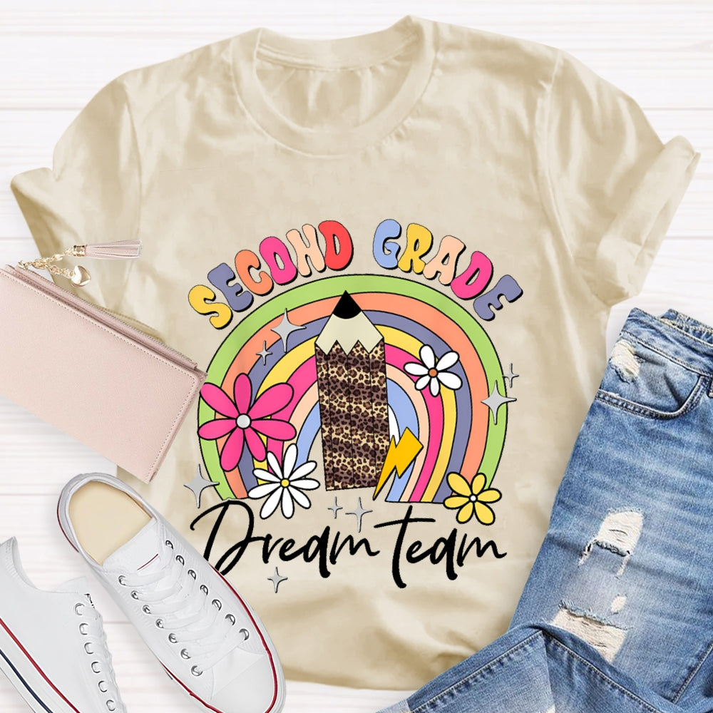 Personalized Grade Second Grade Leopard Print Pencil Rainbow T-shirt