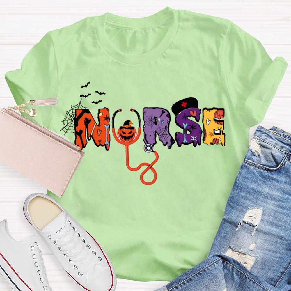 School Nurse Stethoscope And Little Bat Funny Halloween T-shirt