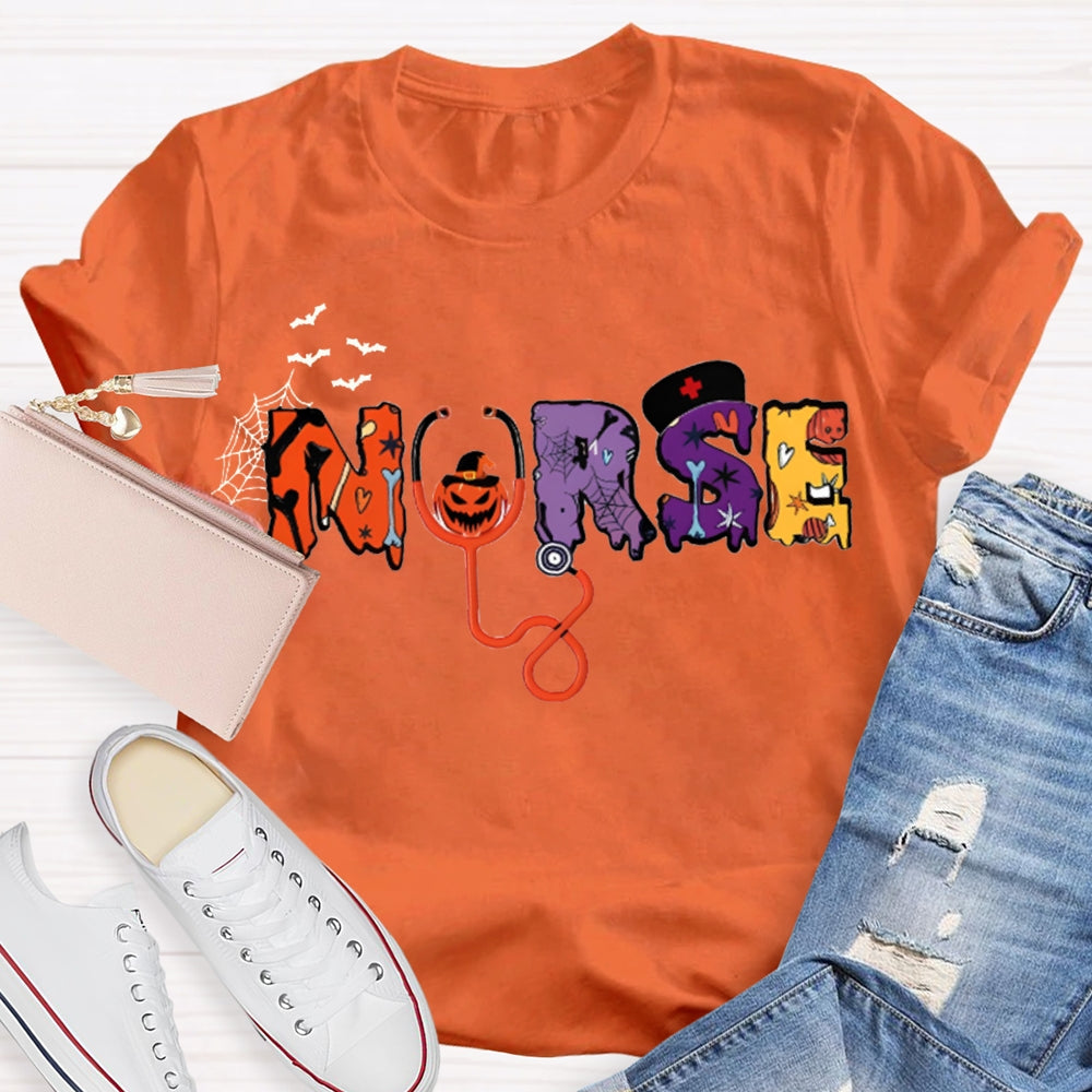 School Nurse Stethoscope And Little Bat Funny Halloween T-shirt