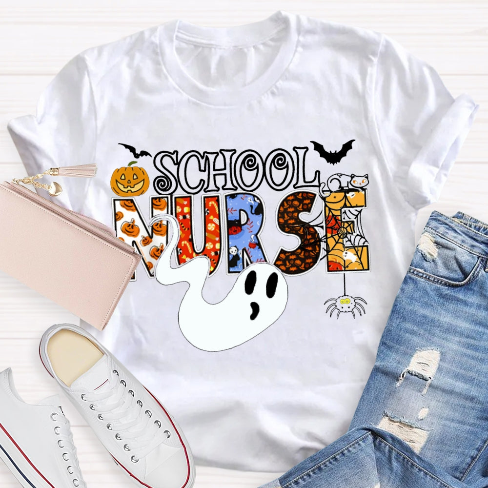 School Nurse Cute Ghost And Pumpkin Alphabet Funny Halloween T-shirt