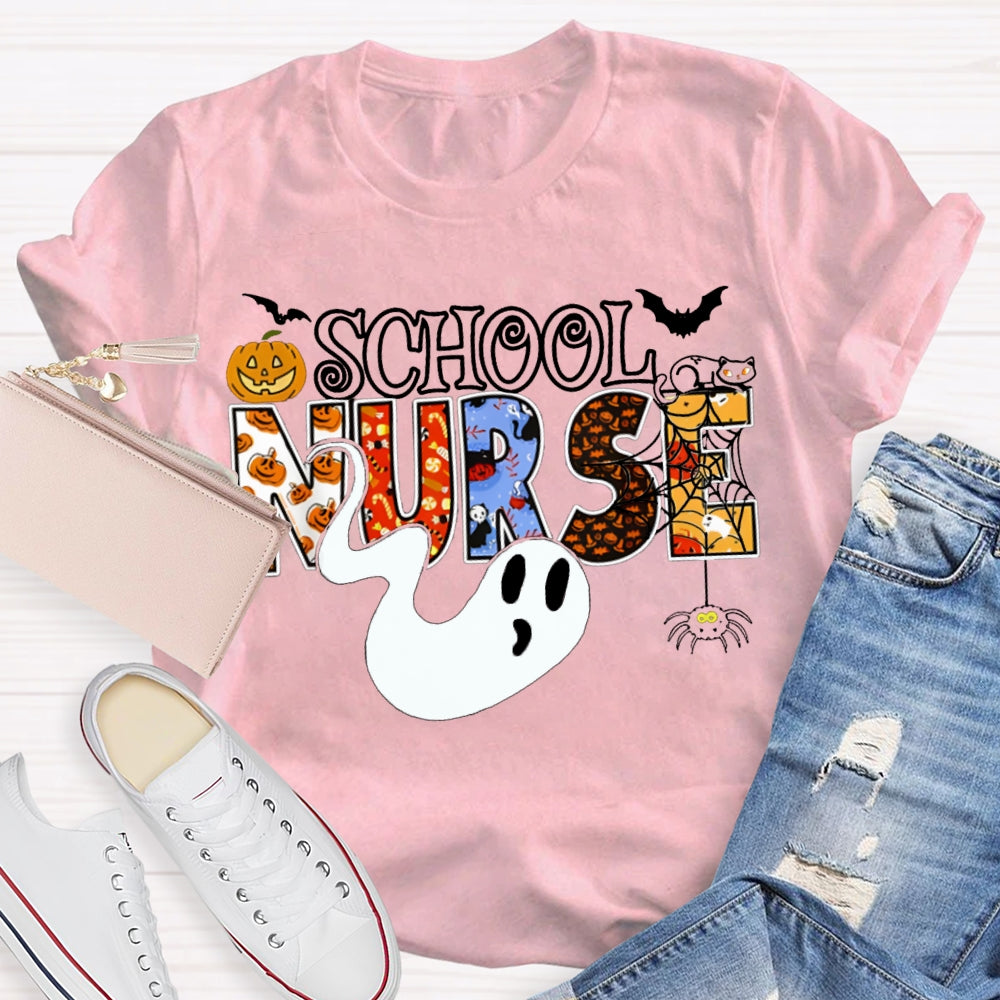 School Nurse Cute Ghost And Pumpkin Alphabet Funny Halloween T-shirt