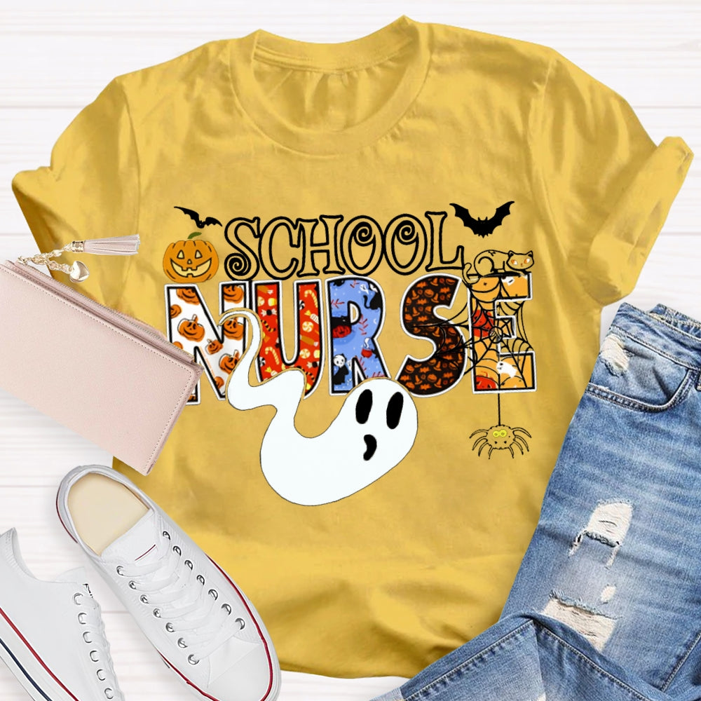 School Nurse Cute Ghost And Pumpkin Alphabet Funny Halloween T-shirt