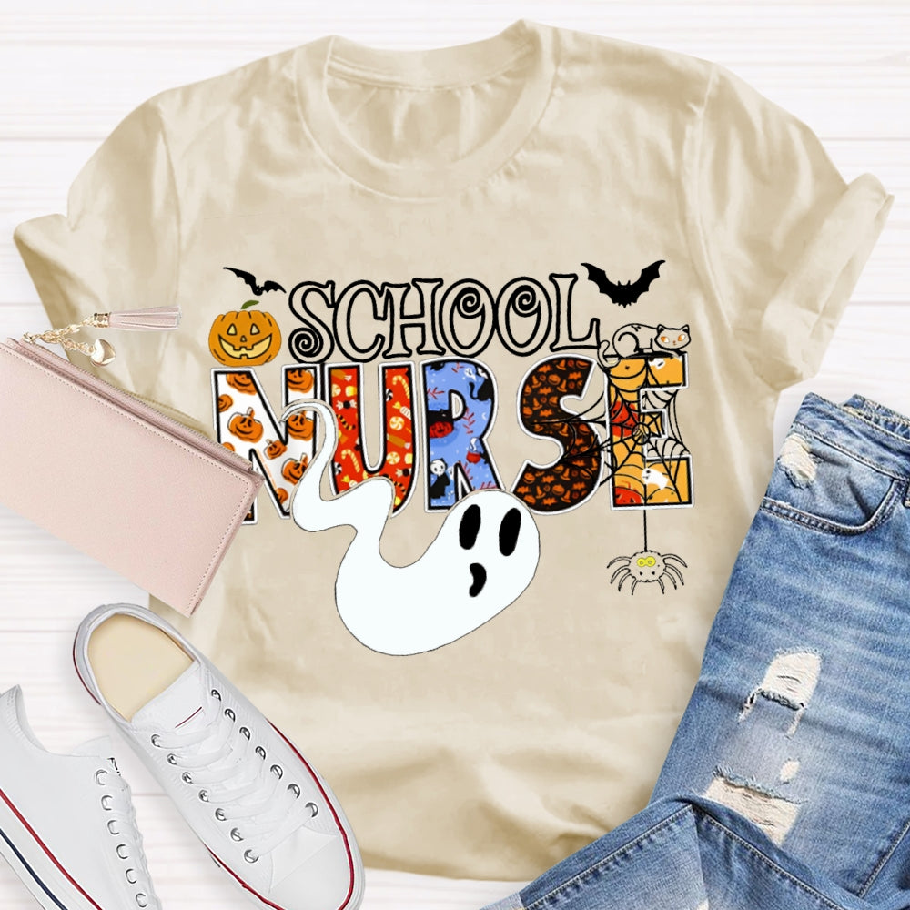School Nurse Cute Ghost And Pumpkin Alphabet Funny Halloween T-shirt