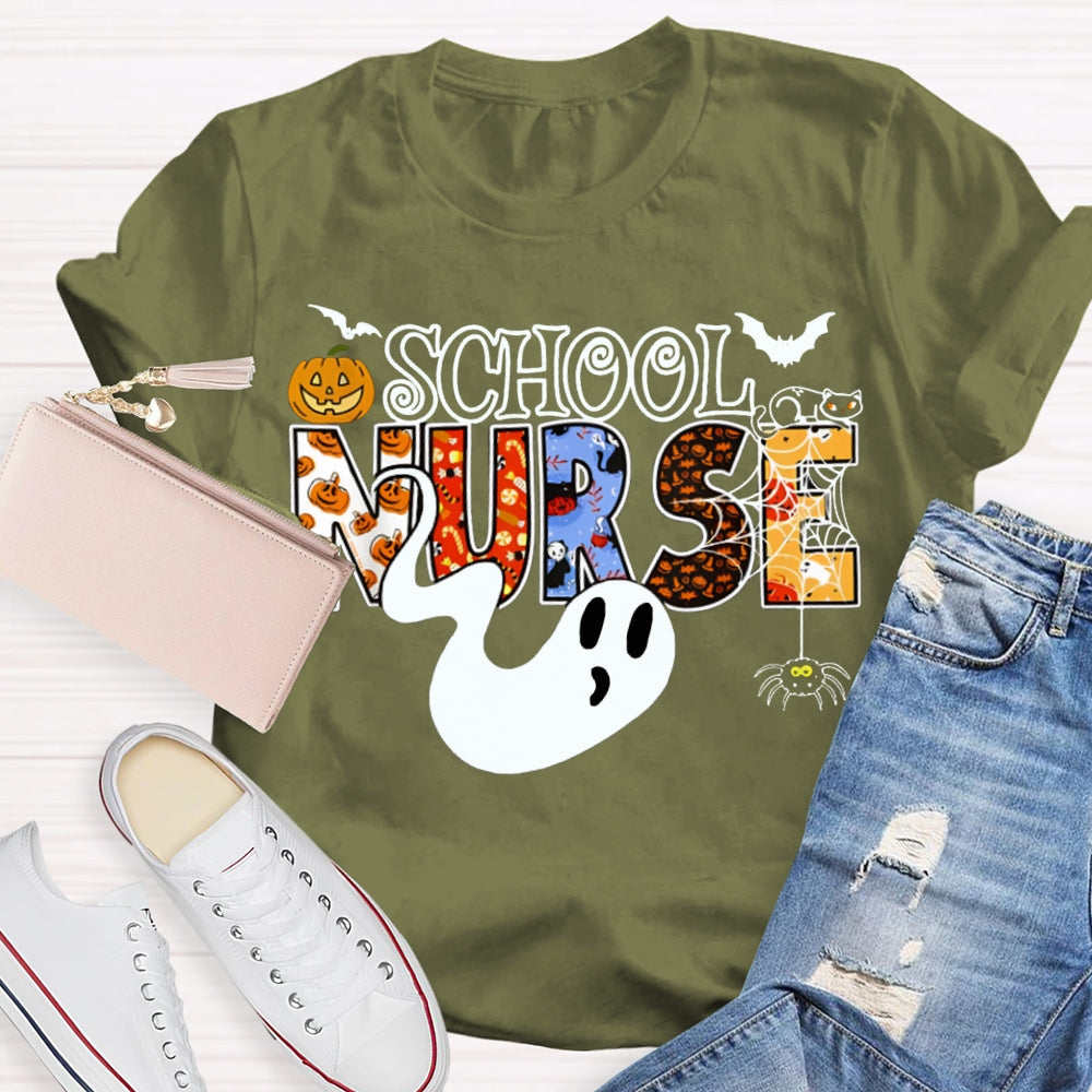School Nurse Cute Ghost And Pumpkin Alphabet Funny Halloween T-shirt