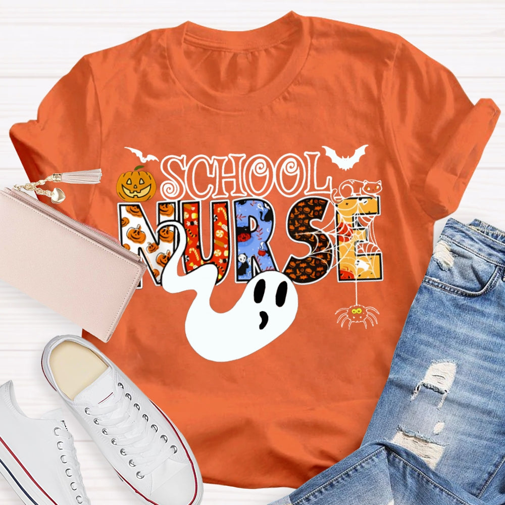 School Nurse Cute Ghost And Pumpkin Alphabet Funny Halloween T-shirt