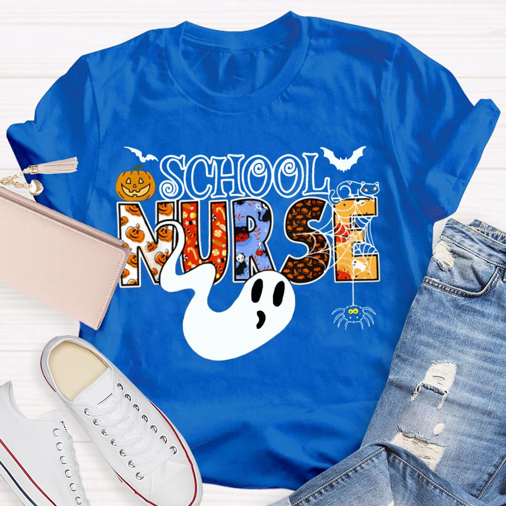 School Nurse Cute Ghost And Pumpkin Alphabet Funny Halloween T-shirt