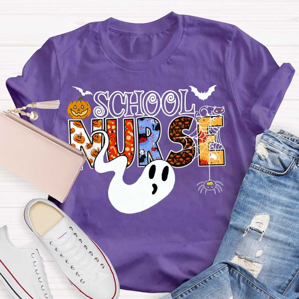 School Nurse Cute Ghost And Pumpkin Alphabet Funny Halloween T-shirt