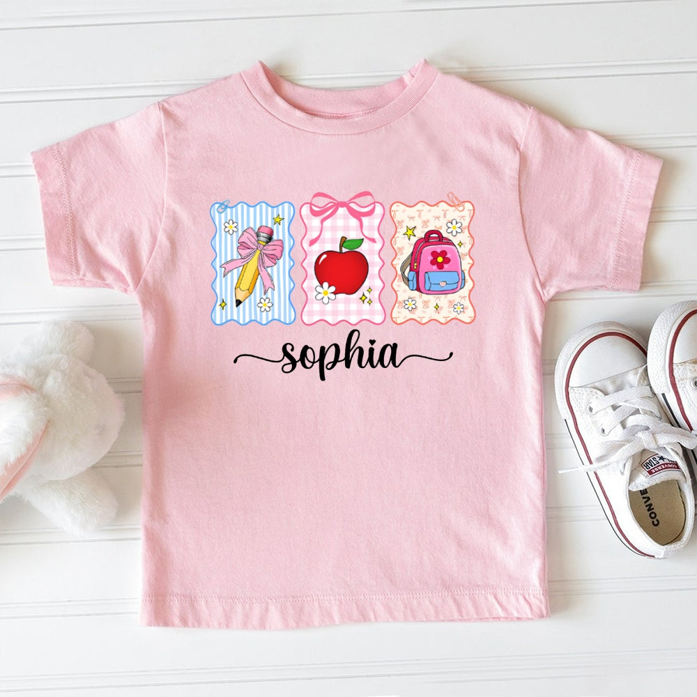 Personalized Name Bow-Knot Pencil Apple And School Bag Toddler T-shirts