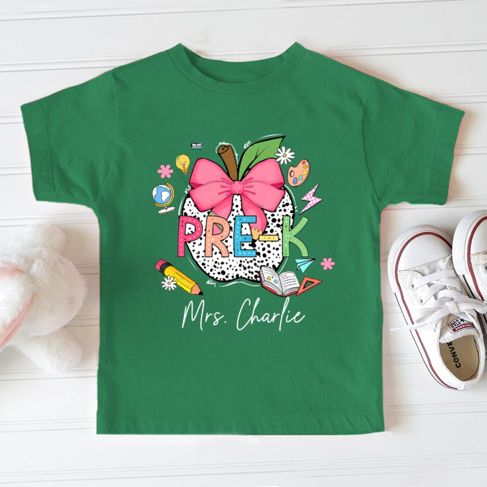 Personalized Name Pre-K Pink Bow And Polka Dot Apple Toddler T-shirts