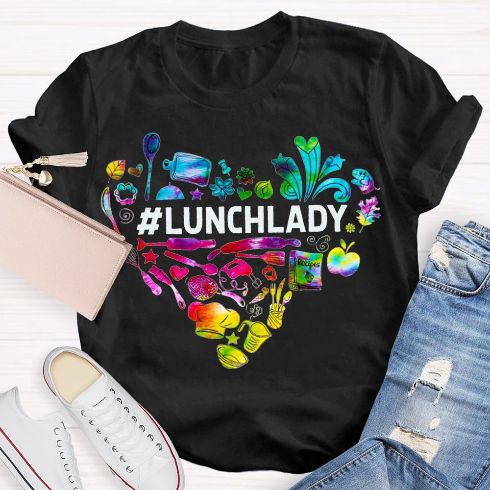 Lunch Lady Colorful Tie-Dye Heart-Shaped Letters T-shirt