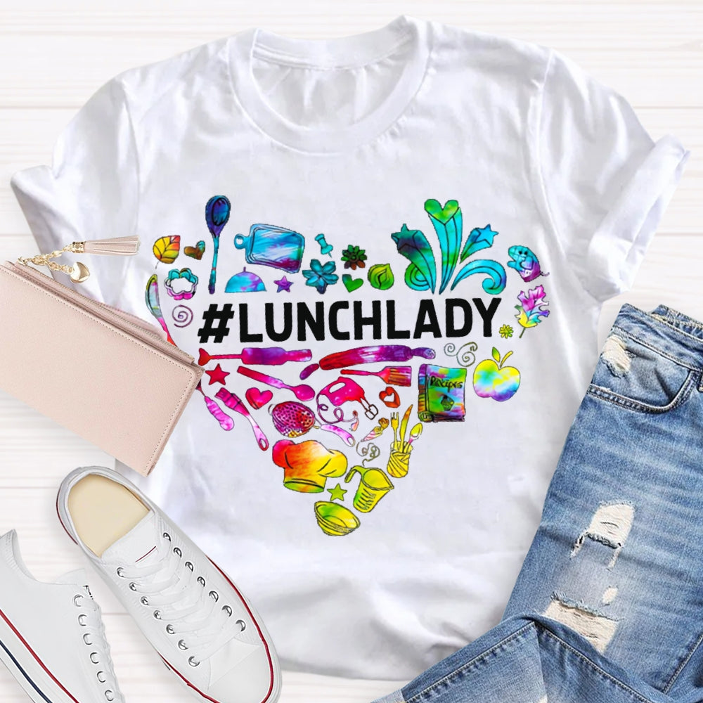 Lunch Lady Colorful Tie-Dye Heart-Shaped Letters T-shirt