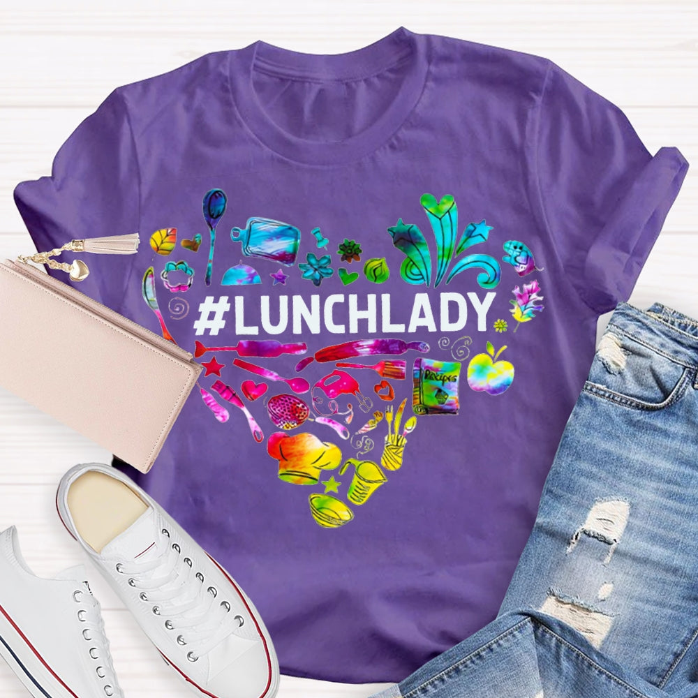 Lunch Lady Colorful Tie-Dye Heart-Shaped Letters T-shirt