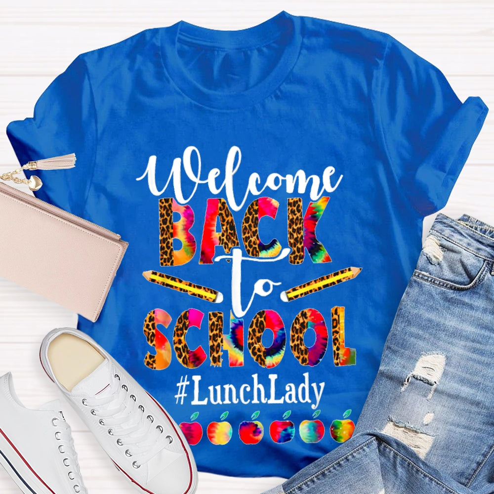 Welcome Back To School Lunch Lady Leopard Print And Tie-Dye Monogram Colorful Apples T-shirt