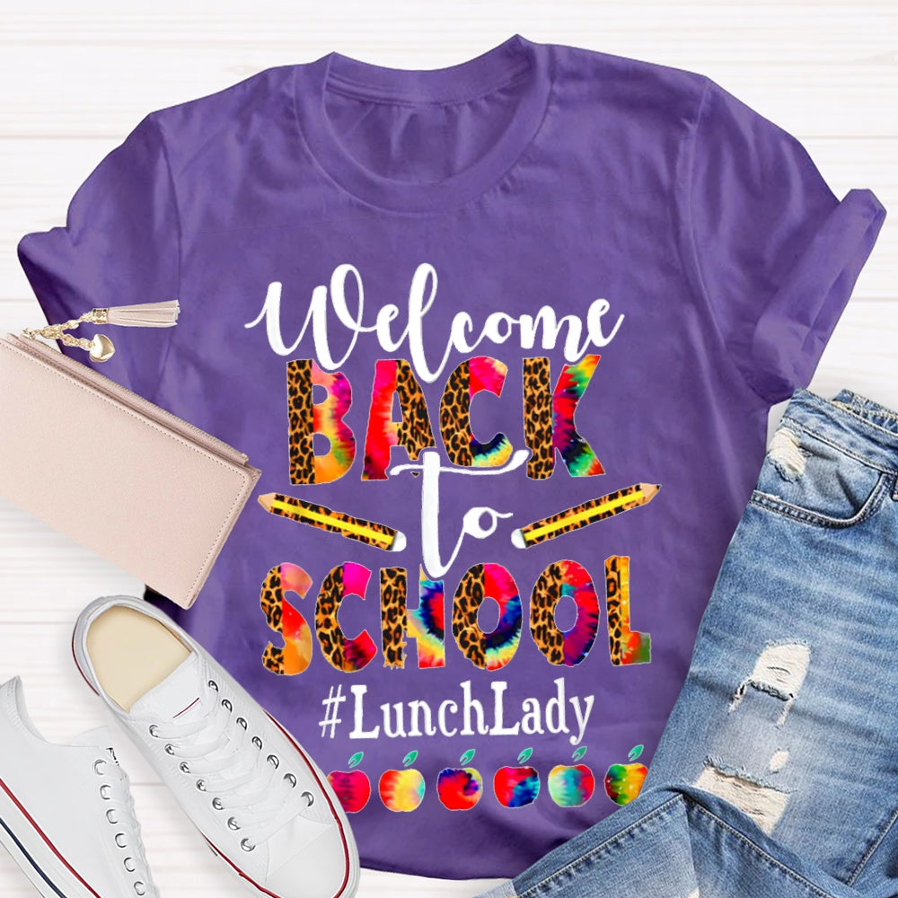 Welcome Back To School Lunch Lady Leopard Print And Tie-Dye Monogram Colorful Apples T-shirt