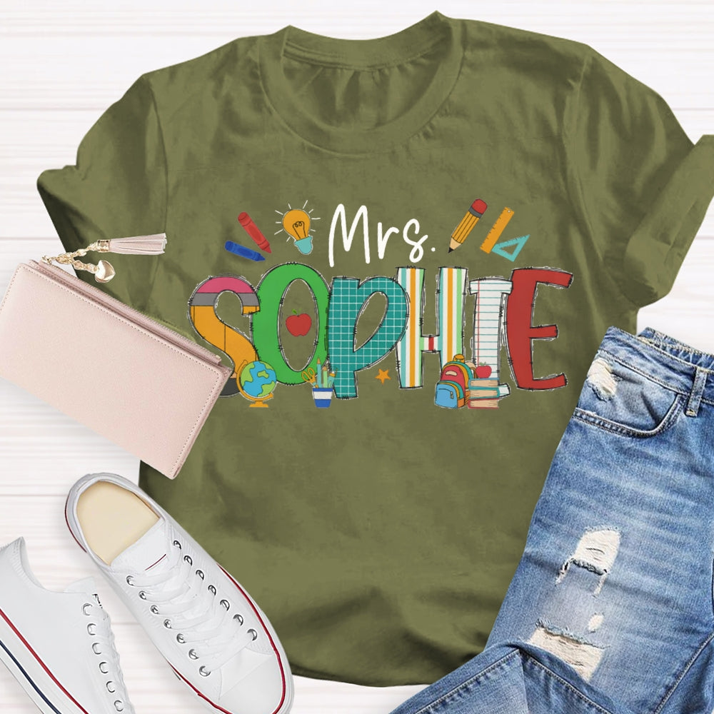 Personalized Name Colorful Fonts And Small Lights Teacher T-shirt