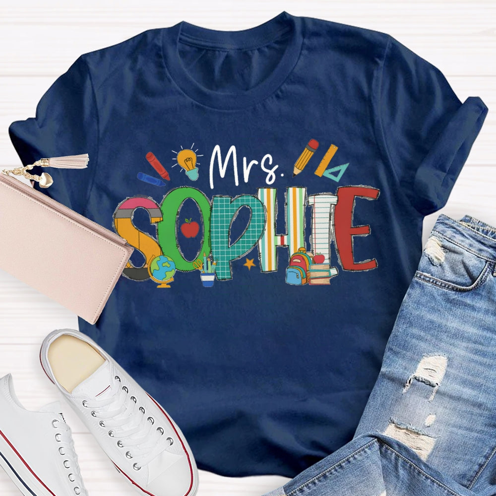 Personalized Name Colorful Fonts And Small Lights Teacher T-shirt