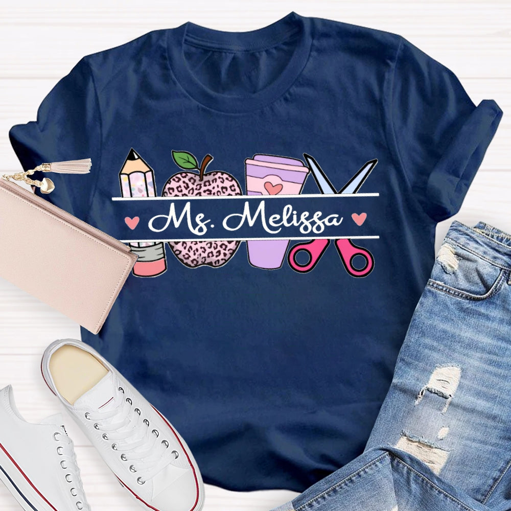 Personalized Name Back To School Leopard Print Apple And Coffee T-shirt