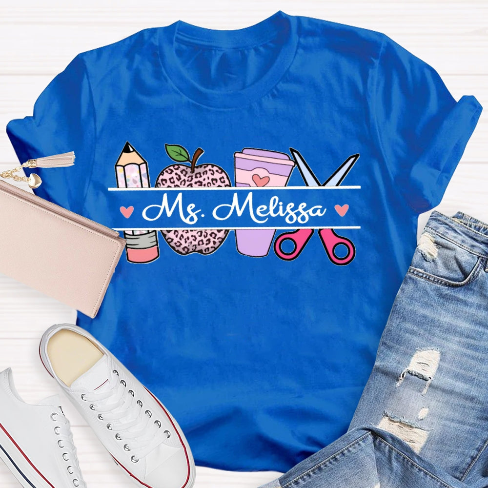 Personalized Name Back To School Leopard Print Apple And Coffee T-shirt