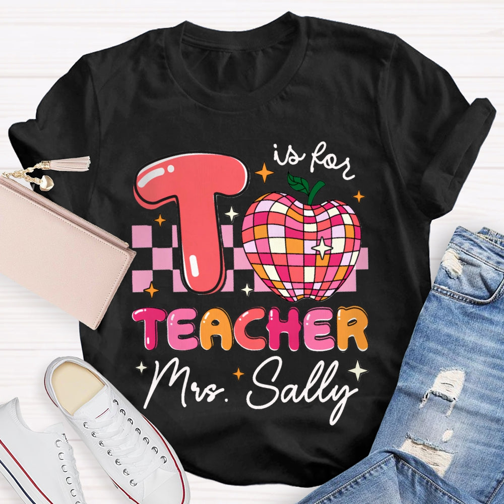 Personalized Name T Is For Teacher Colorful Checkered Apple T-shirt