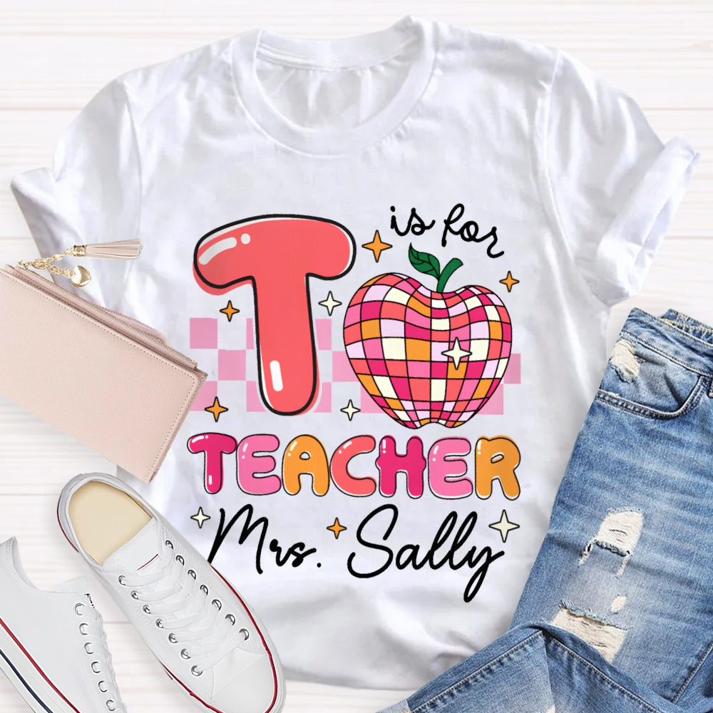 Personalized Name T Is For Teacher Colorful Checkered Apple T-shirt