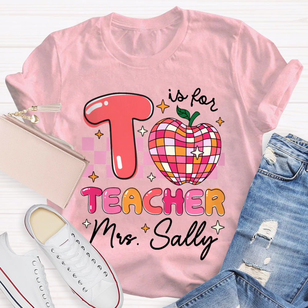 Personalized Name T Is For Teacher Colorful Checkered Apple T-shirt