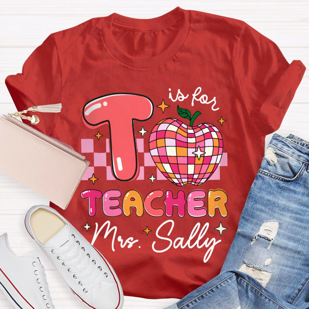 Personalized Name T Is For Teacher Colorful Checkered Apple T-shirt