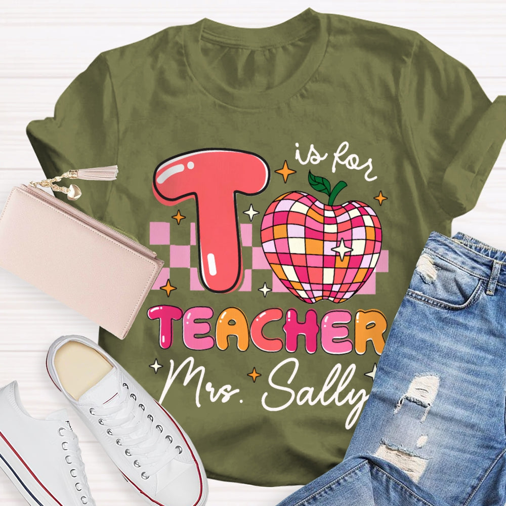Personalized Name T Is For Teacher Colorful Checkered Apple T-shirt