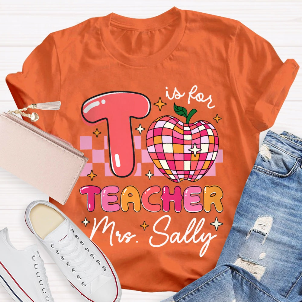 Personalized Name T Is For Teacher Colorful Checkered Apple T-shirt