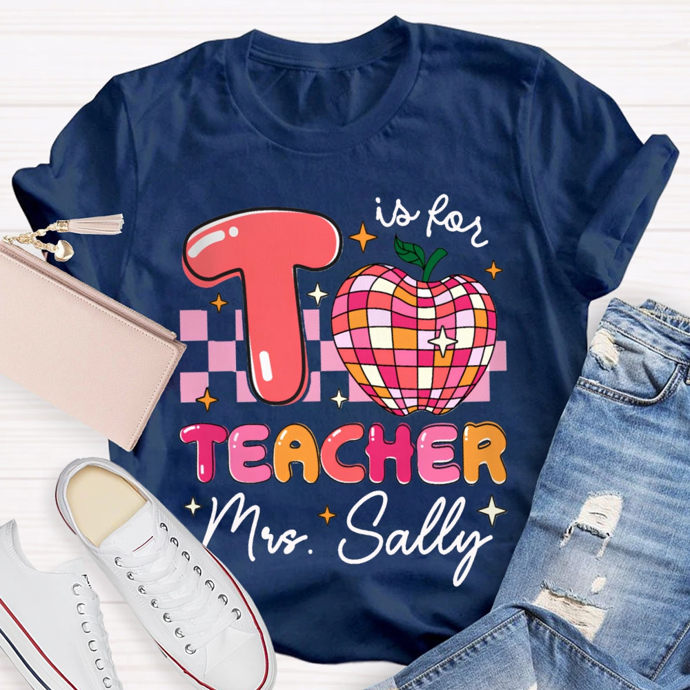 Personalized Name T Is For Teacher Colorful Checkered Apple T-shirt