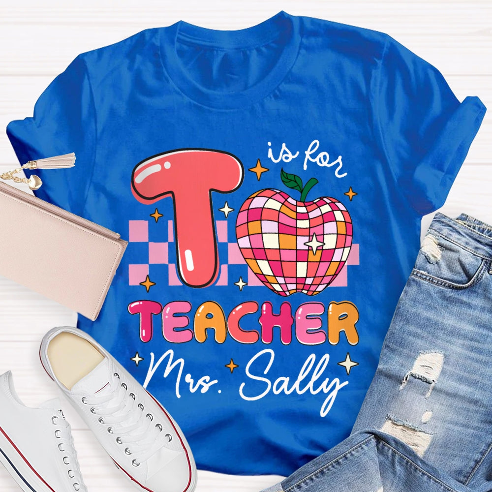 Personalized Name T Is For Teacher Colorful Checkered Apple T-shirt