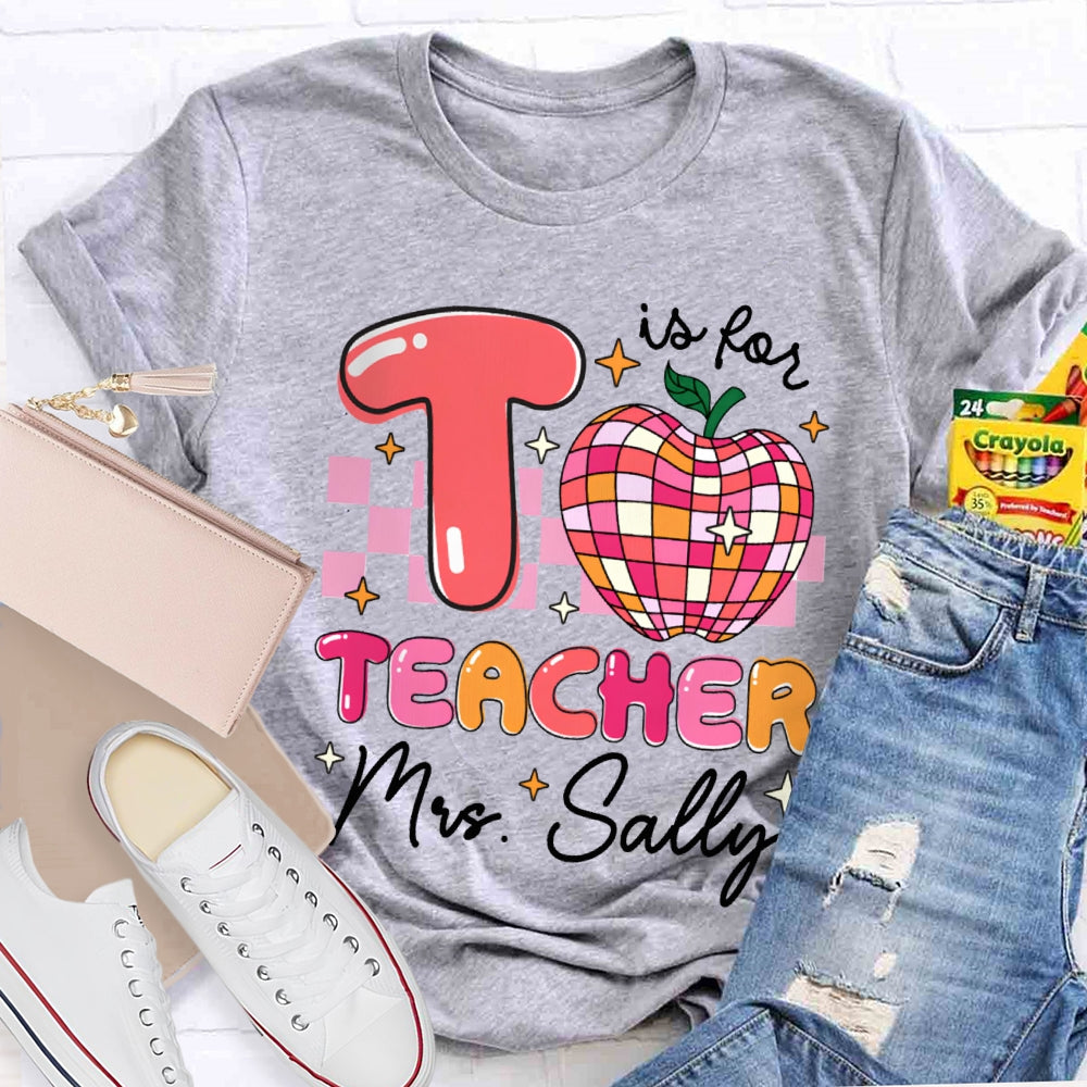 Personalized Name T Is For Teacher Colorful Checkered Apple T-shirt